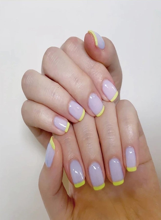 SINHOT French Yellow Square Press on Nails Squoval Fake Nails Glossy Long Acrylic Nails for Women and Girls 24Pcs - Image 1